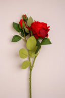 Silk Red Rose with Green Leaves